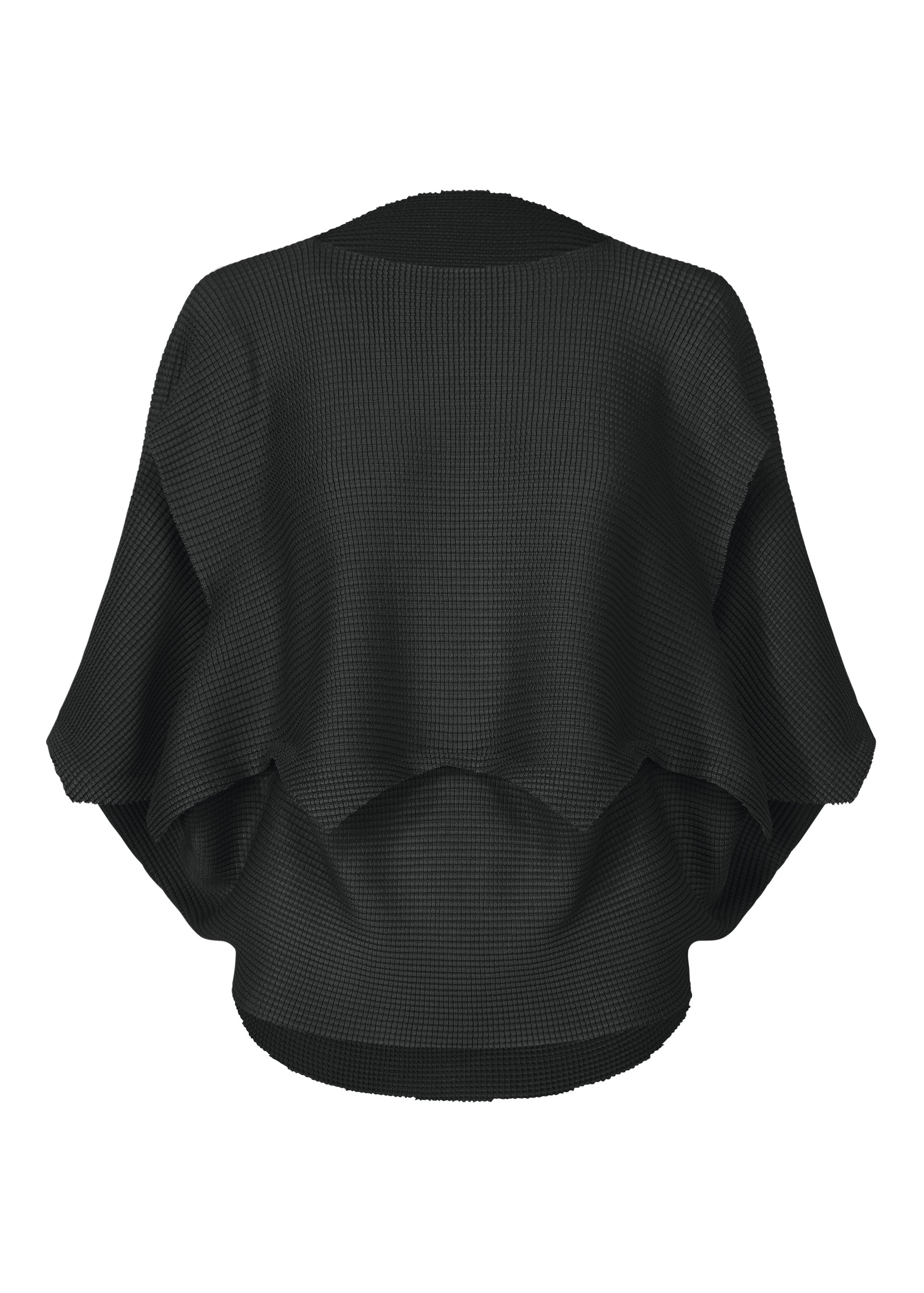 Zoomed view Back view of the me ISSEY MIYAKE GIZA GIZA KNIT STRETCH PLEATS cardigan in black, with a loose fit, soft textured knit, wide draped sleeves, and an open flowy design, shown against a plain white background. - BLACK （no.15）