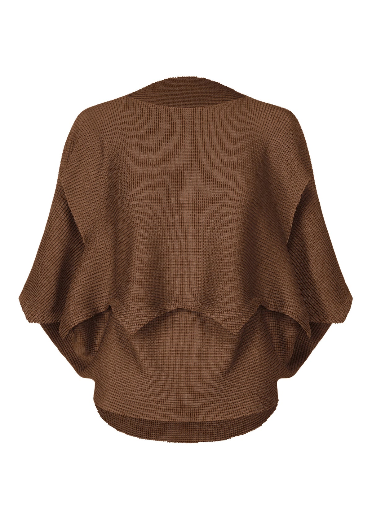 The GIZA GIZA KNIT STRETCH PLEATS by me ISSEY MIYAKE is a brown, textured kimono-style cardigan in soft knit with wide, draped sleeves and an asymmetrical hem, shown against a plain white background. view 2 of 9