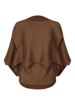 The GIZA GIZA KNIT STRETCH PLEATS by me ISSEY MIYAKE is a brown, textured kimono-style cardigan in soft knit with wide, draped sleeves and an asymmetrical hem, shown against a plain white background. - BROWN （no.44）