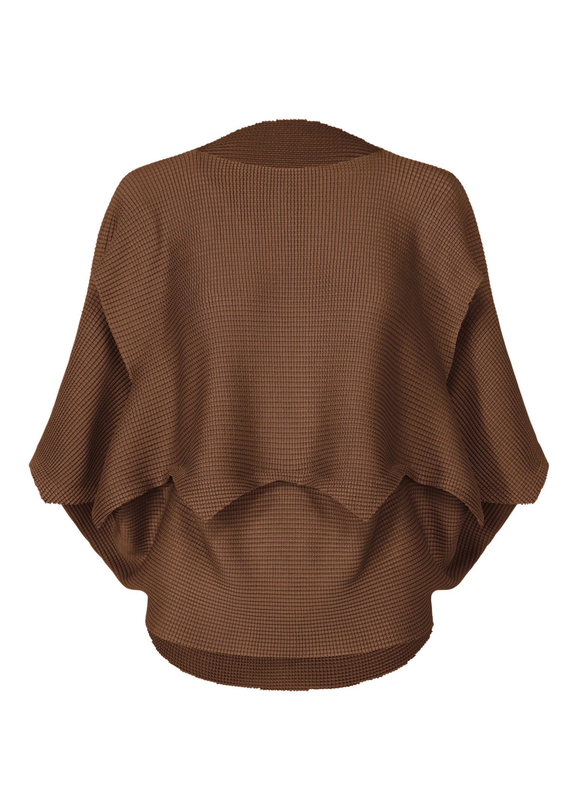 Zoomed view The GIZA GIZA KNIT STRETCH PLEATS by me ISSEY MIYAKE is a brown, textured kimono-style cardigan in soft knit with wide, draped sleeves and an asymmetrical hem, shown against a plain white background. - BROWN （no.44）