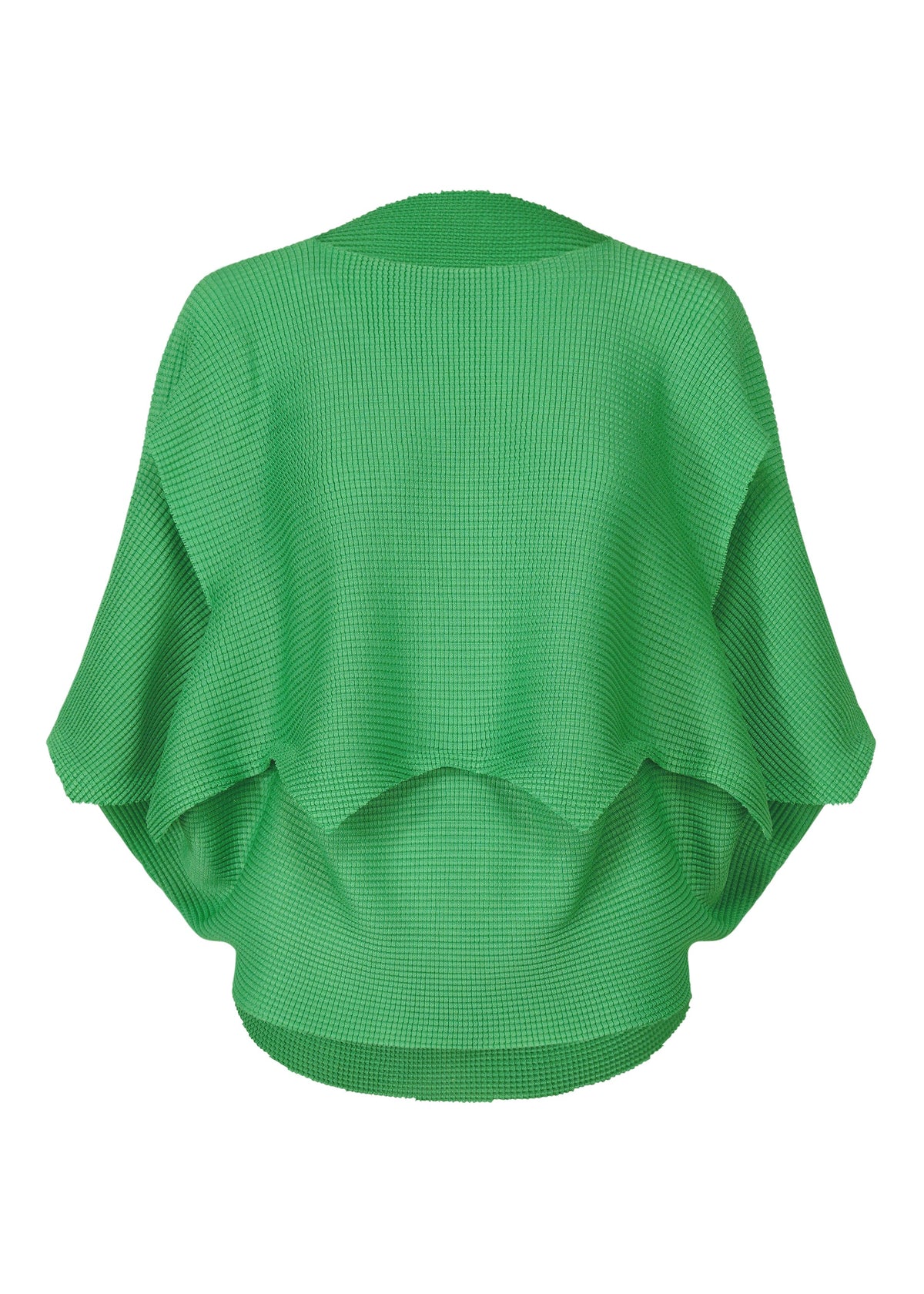 The GIZA GIZA KNIT STRETCH PLEATS top by me ISSEY MIYAKE features a bright green hue, French sleeves, wide draped sleeves, and a layered flowing design in soft knit, shown from the back against a plain white background. view 3 of 9