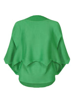 The GIZA GIZA KNIT STRETCH PLEATS top by me ISSEY MIYAKE features a bright green hue, French sleeves, wide draped sleeves, and a layered flowing design in soft knit, shown from the back against a plain white background. - COBALT GREEN （no.64）