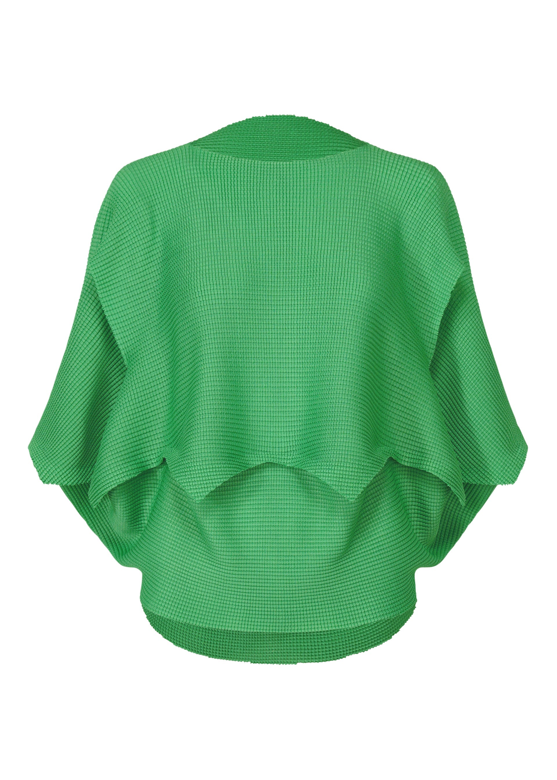 Zoomed view The GIZA GIZA KNIT STRETCH PLEATS top by me ISSEY MIYAKE features a bright green hue, French sleeves, wide draped sleeves, and a layered flowing design in soft knit, shown from the back against a plain white background. - COBALT GREEN （no.64）