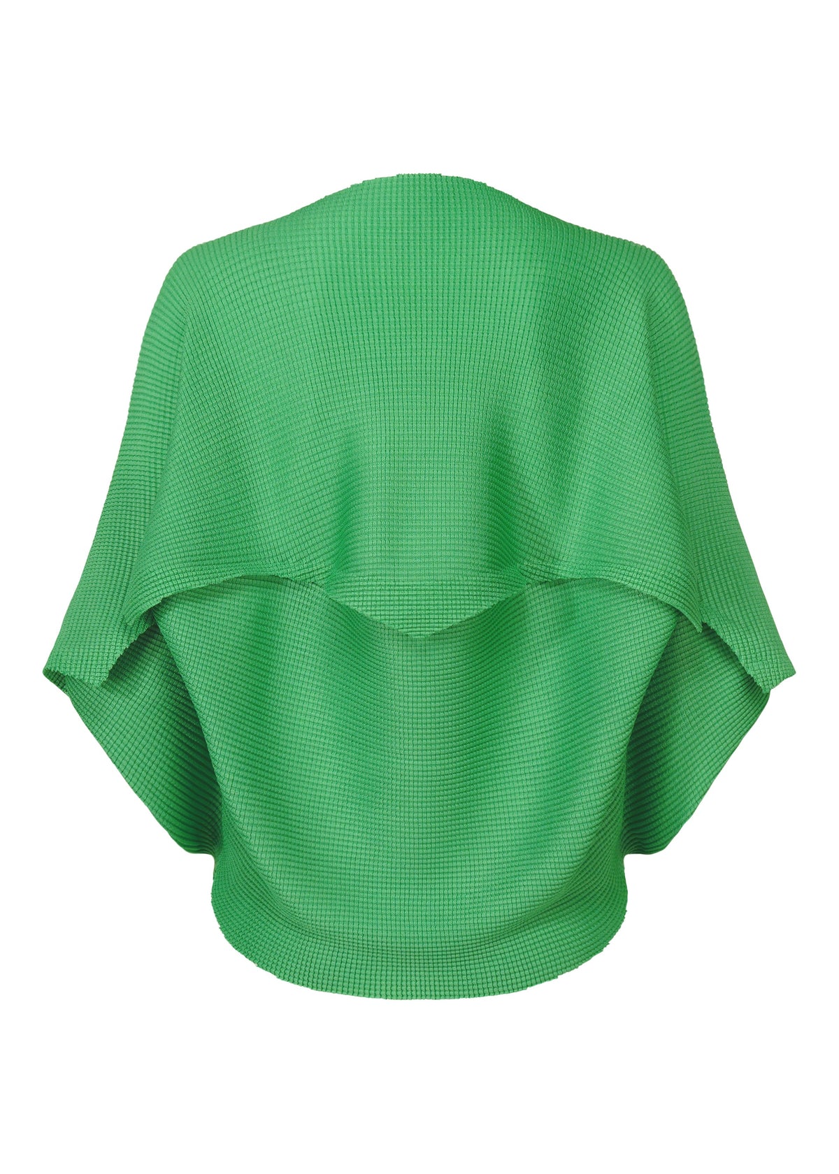 The GIZA GIZA KNIT STRETCH PLEATS by me ISSEY MIYAKE is a bright green French-sleeve top in soft knit, with wide sleeves and a loose, draped silhouette, shown from the back on a white background. view 4 of 9