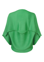 The GIZA GIZA KNIT STRETCH PLEATS by me ISSEY MIYAKE is a bright green French-sleeve top in soft knit, with wide sleeves and a loose, draped silhouette, shown from the back on a white background.