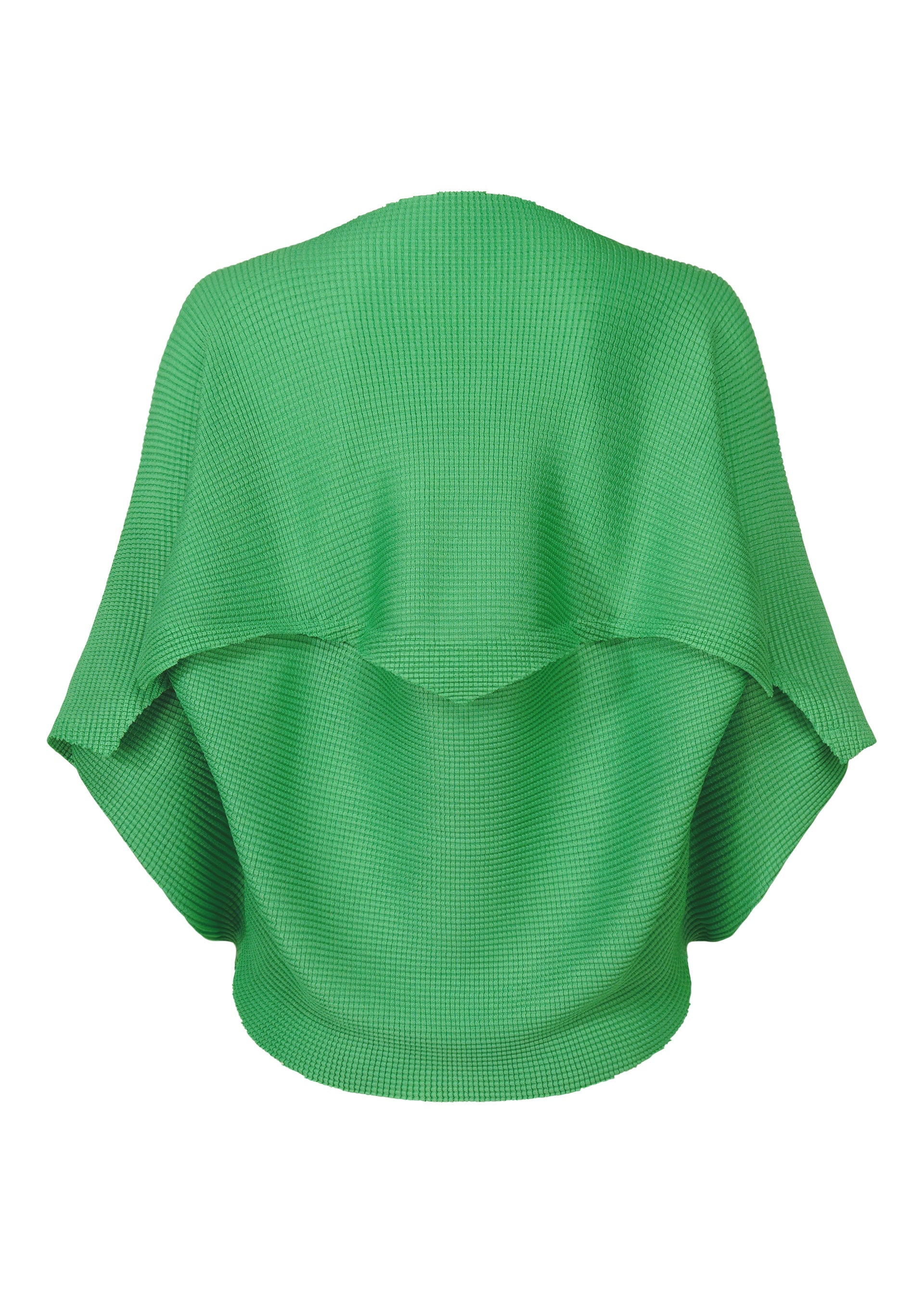 Zoomed view The GIZA GIZA KNIT STRETCH PLEATS by me ISSEY MIYAKE is a bright green French-sleeve top in soft knit, with wide sleeves and a loose, draped silhouette, shown from the back on a white background.