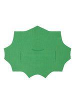 A green GIZA GIZA KNIT STRETCH PLEATS by me ISSEY MIYAKE, featuring an irregular shape, curved edges, soft knit fabric, a small oval central opening, and two vertical side slits, is laid flat on a white background.