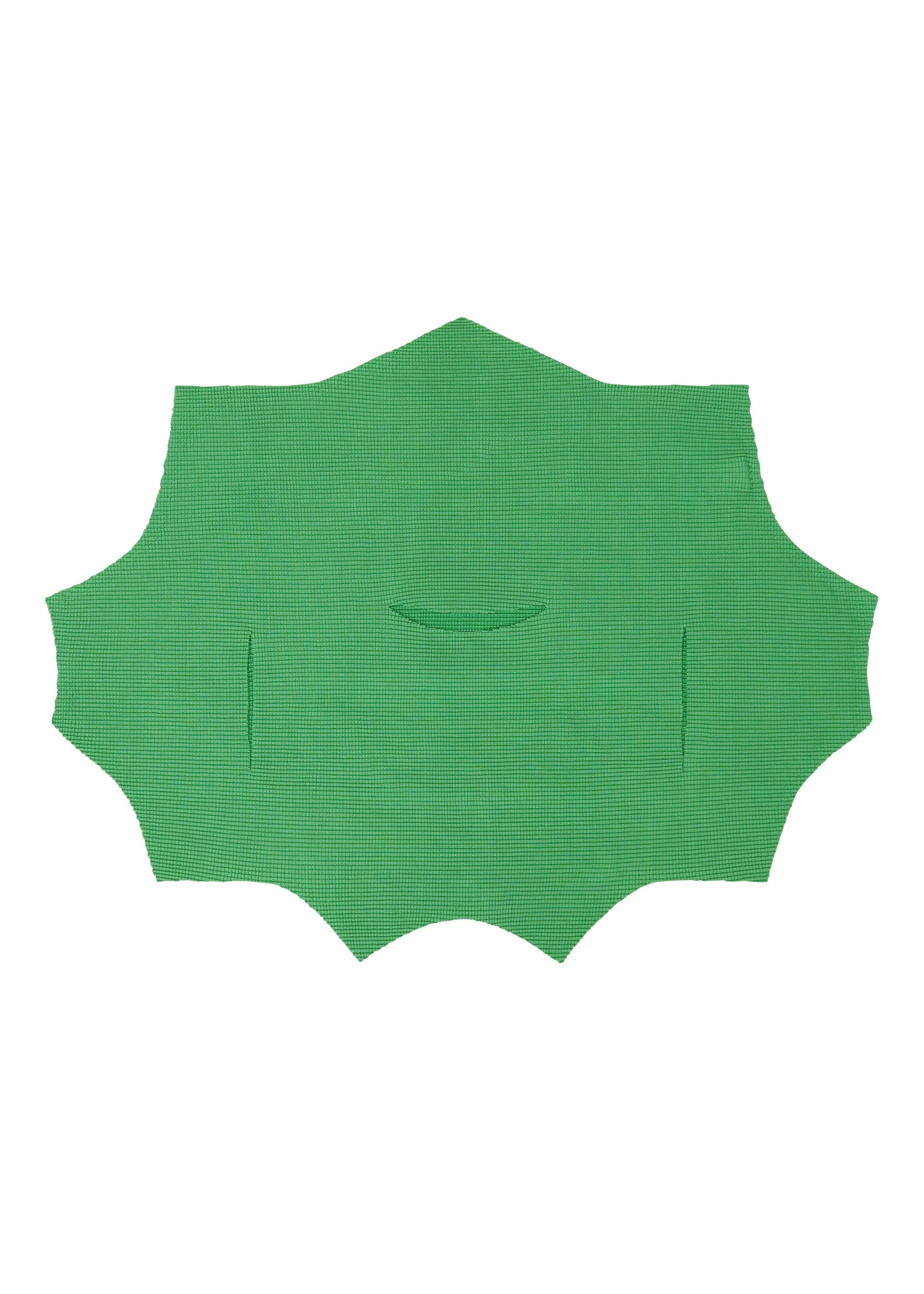 Zoomed view A green GIZA GIZA KNIT STRETCH PLEATS by me ISSEY MIYAKE, featuring an irregular shape, curved edges, soft knit fabric, a small oval central opening, and two vertical side slits, is laid flat on a white background.