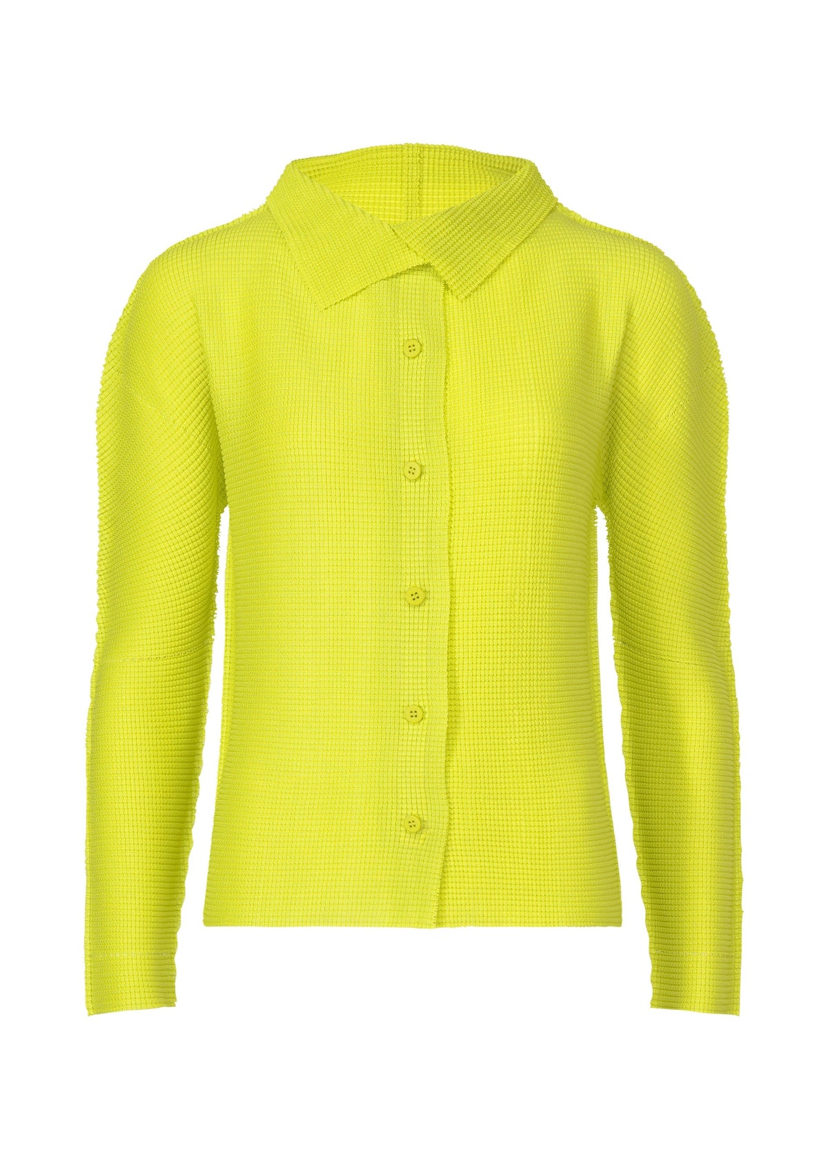 The KNIT STRETCH PLEATS 1 by me ISSEY MIYAKE is a long-sleeved, button-up shirt in bright yellow textured fabric with stretch pleats and a pointed collar, shown against a plain white background. view 2 of 8