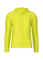 The KNIT STRETCH PLEATS 1 by me ISSEY MIYAKE is a long-sleeved, button-up shirt in bright yellow textured fabric with stretch pleats and a pointed collar, shown against a plain white background. - LIME YELLOW （no.51）
