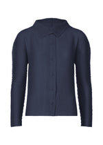 The KNIT STRETCH PLEATS 1 by me ISSEY MIYAKE is a navy blue, long-sleeve button-up shirt featuring textured stretch pleats and a pointed collar, shown on a white background. - NAVY （no.75）