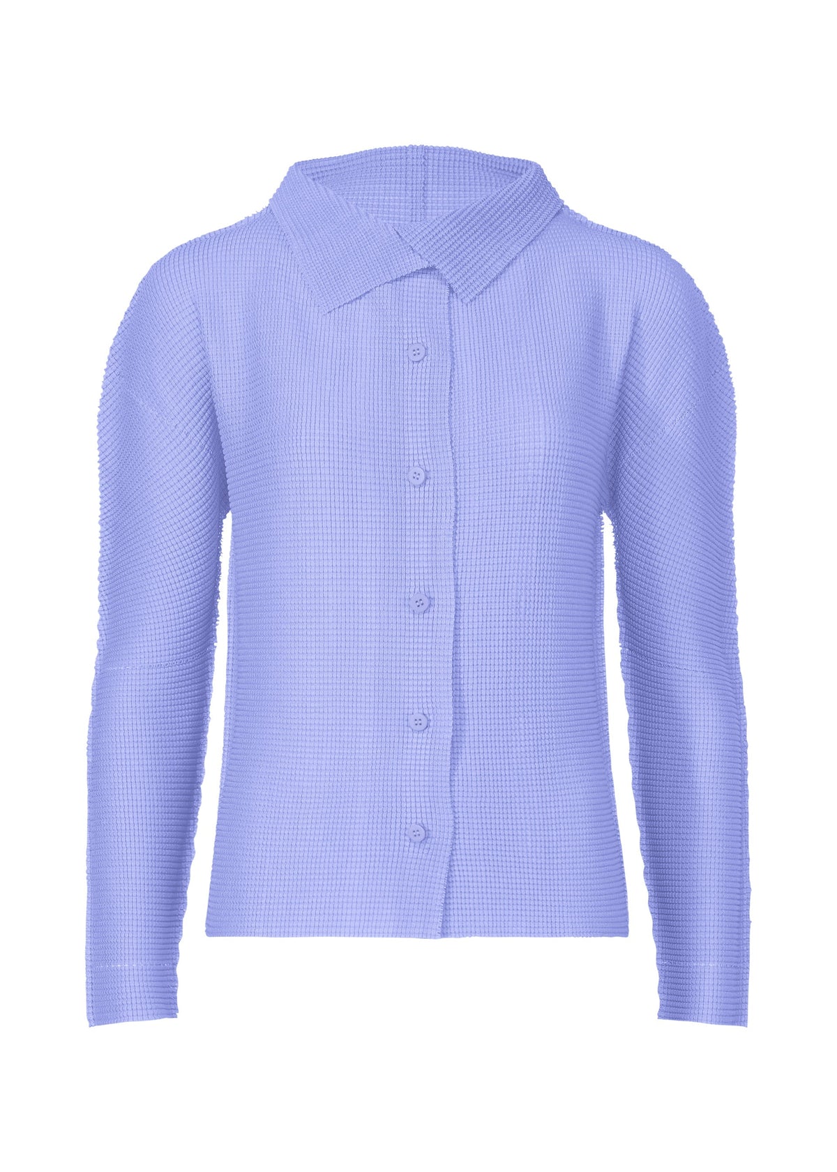 The KNIT STRETCH PLEATS 1 by me ISSEY MIYAKE is a light purple knit cardigan featuring long sleeves, button-up front, stretch pleats, textured waffle pattern, and a wide collar, shown on a plain white background. view 4 of 8