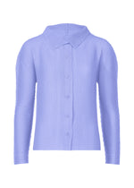 The KNIT STRETCH PLEATS 1 by me ISSEY MIYAKE is a light purple knit cardigan featuring long sleeves, button-up front, stretch pleats, textured waffle pattern, and a wide collar, shown on a plain white background. - LAVENDER （no.80）