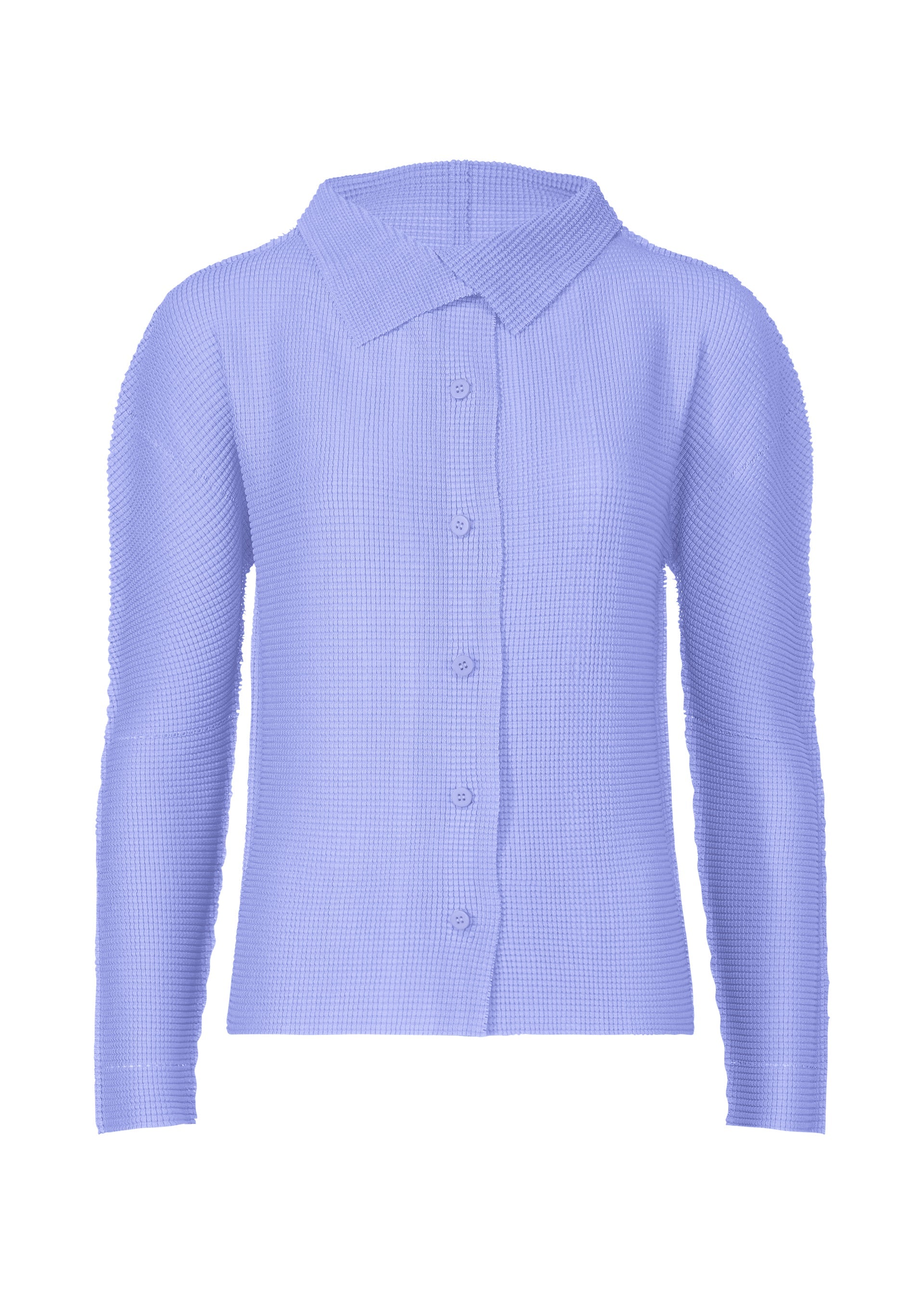 Zoomed view The KNIT STRETCH PLEATS 1 by me ISSEY MIYAKE is a light purple knit cardigan featuring long sleeves, button-up front, stretch pleats, textured waffle pattern, and a wide collar, shown on a plain white background. - LAVENDER （no.80）