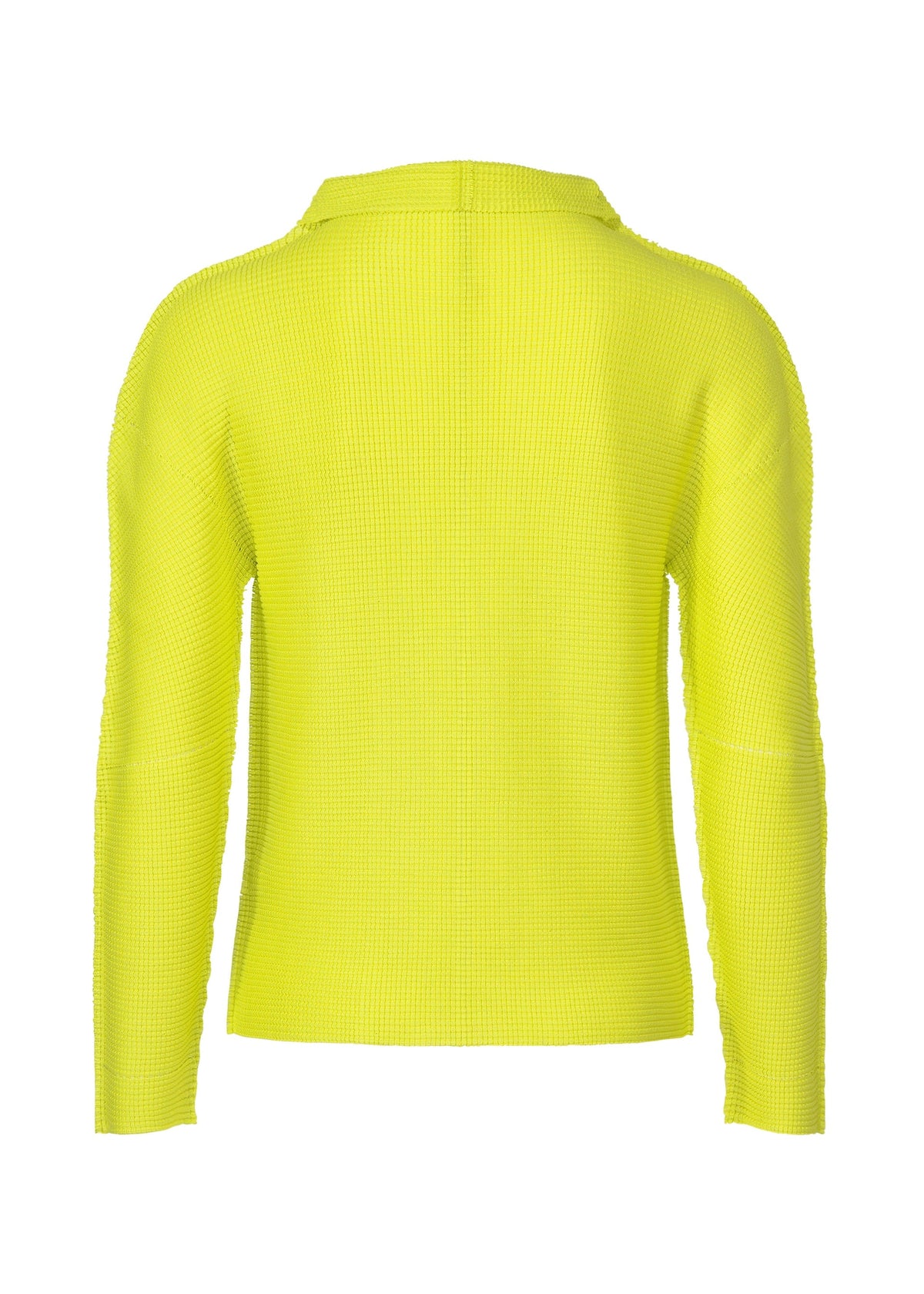 The KNIT STRETCH PLEATS 1 by me ISSEY MIYAKE is a bright yellow, long-sleeve cardigan shown from the back, featuring textured knit, comfortable stretch pleats, and a simple straight hem. view 5 of 8