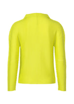 The KNIT STRETCH PLEATS 1 by me ISSEY MIYAKE is a bright yellow, long-sleeve cardigan shown from the back, featuring textured knit, comfortable stretch pleats, and a simple straight hem.