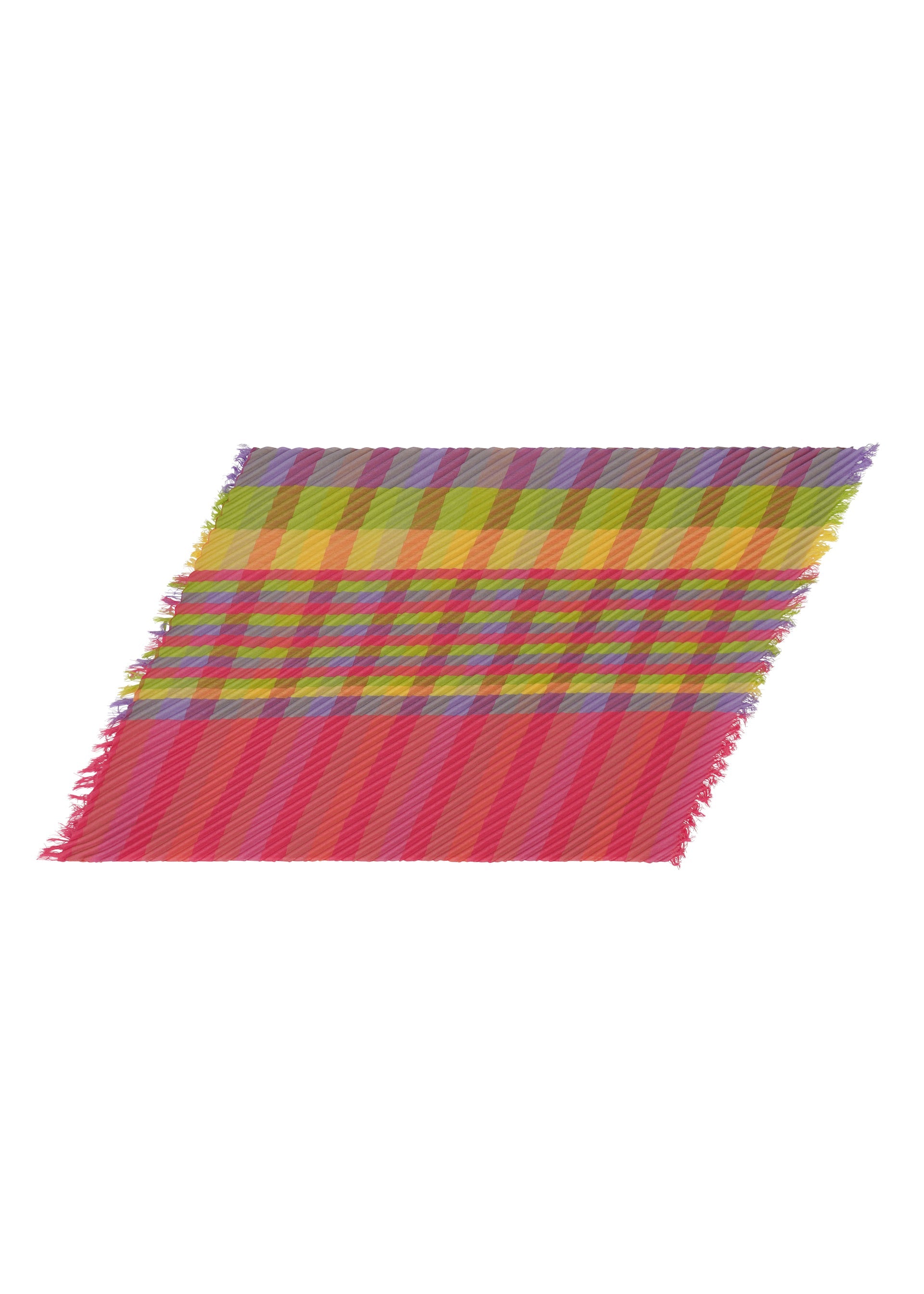 Zoomed view The CHECK PLEATS STOLE by me ISSEY MIYAKE is a colorful, rectangular plaid accessory with fringed edges, made from yarn-dyed checkered fabric in red, yellow, purple, and green and shown at an angle on a white background. - PINK-HUED （no.28）