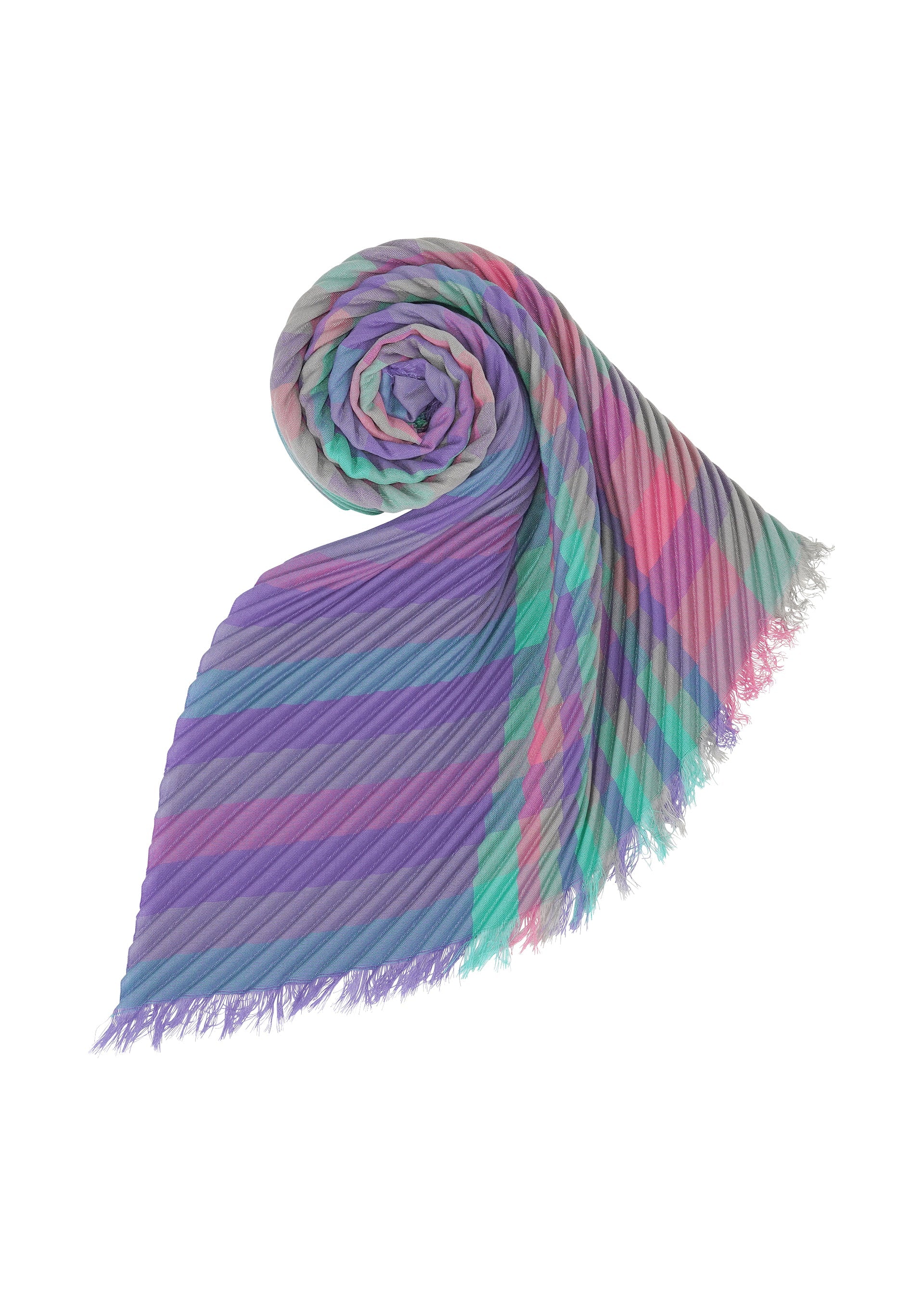 Zoomed view The CHECK PLEATS STOLE by me ISSEY MIYAKE is a rolled pleated stole in pastel purple, pink, teal, and blue with yarn-dyed hues, a subtle checkered pattern, fringed edges, and a soft plaid-inspired texture.