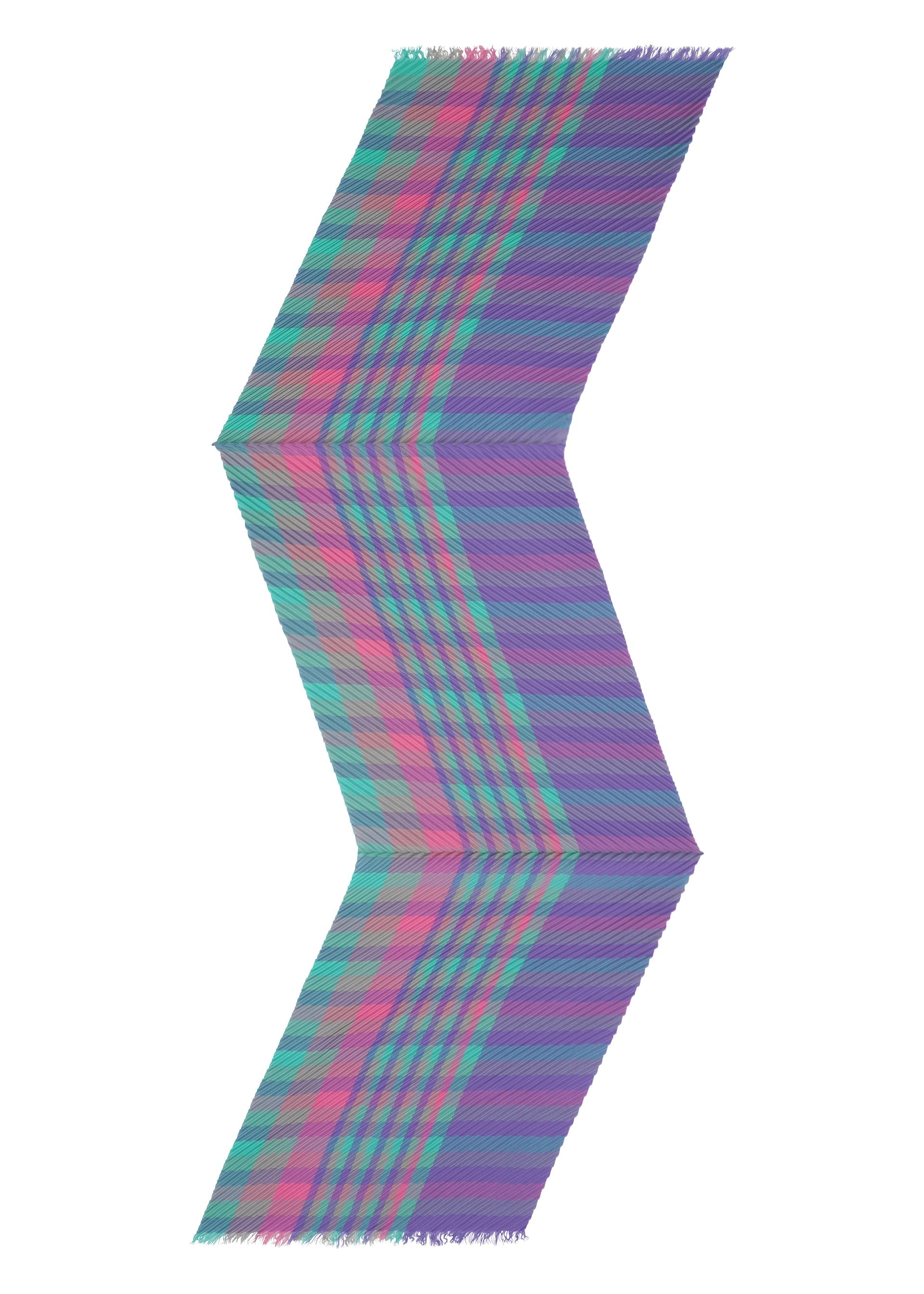 Zoomed view The CHECK PLEATS STOLE by me ISSEY MIYAKE features zigzag pleats in purple, blue, and green with diagonal stripes and fringed edges, crafted from yarn-dyed fabric and shown on a white background.