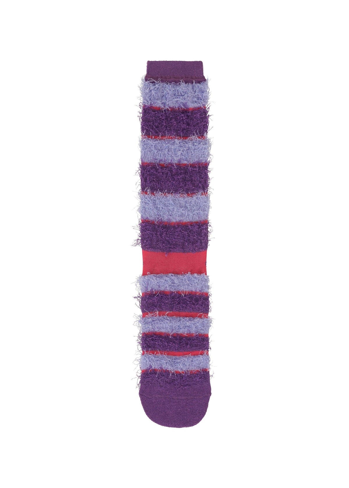 The TAIL SOCKS by me ISSEY MIYAKE, shown on a plain white background, is a single cozy fuzzy sock with purple, lavender, and pink horizontal stripes made from soft, textured material. view 3 of 7