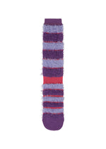 The TAIL SOCKS by me ISSEY MIYAKE, shown on a plain white background, is a single cozy fuzzy sock with purple, lavender, and pink horizontal stripes made from soft, textured material. - PURPLE-HUED （no.89）