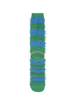 The TAIL SOCKS by me ISSEY MIYAKE are fluffy with blue and green horizontal stripes and an oval cutout on top, shown laid flat on a white background.