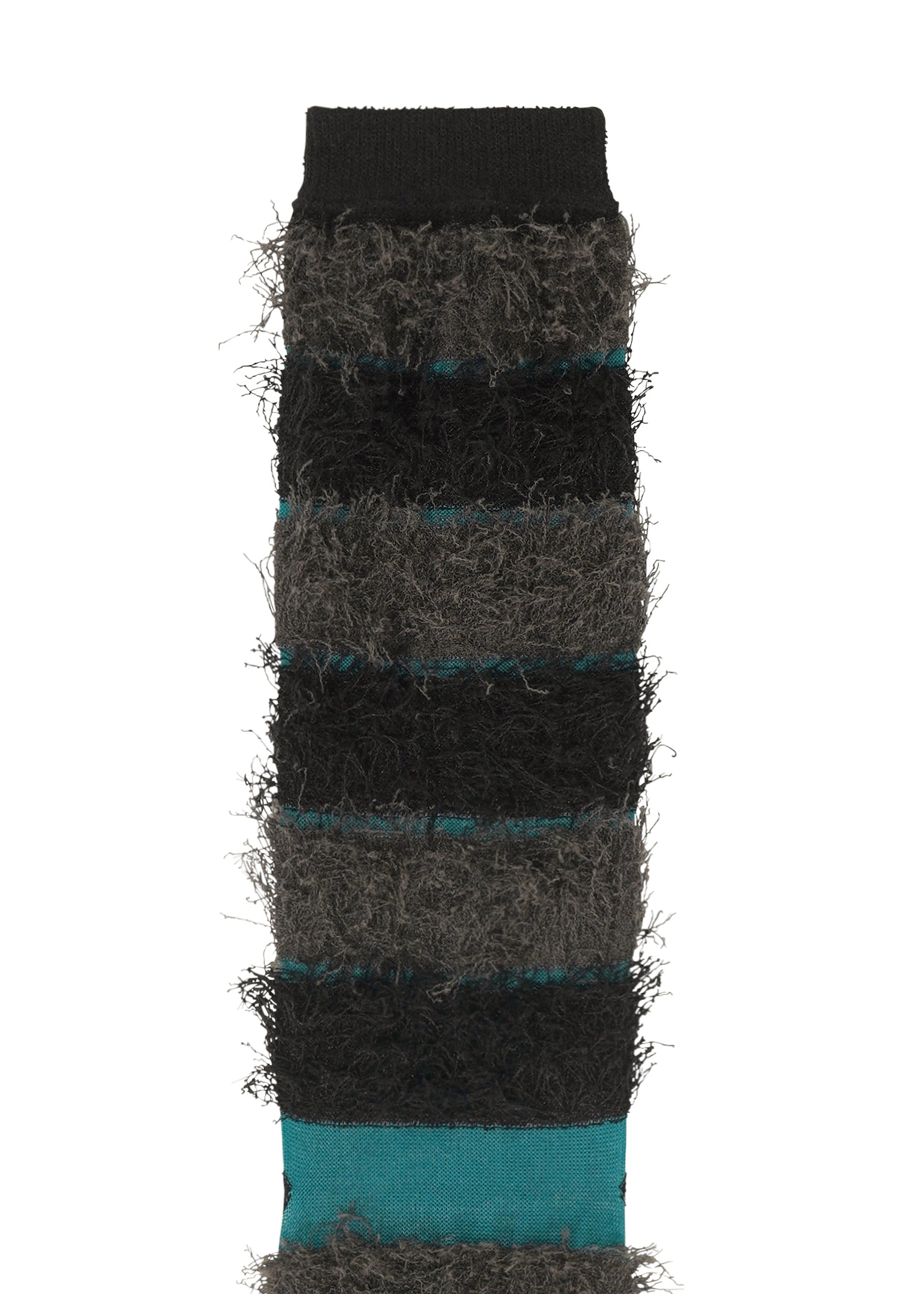Zoomed view The TAIL SOCKS by me ISSEY MIYAKE feature fuzzy, fluffy texture with black, dark gray, and teal horizontal stripes. Soft and cozy with a shaggy fringe look, these socks are shown upright with the top cuff visible.