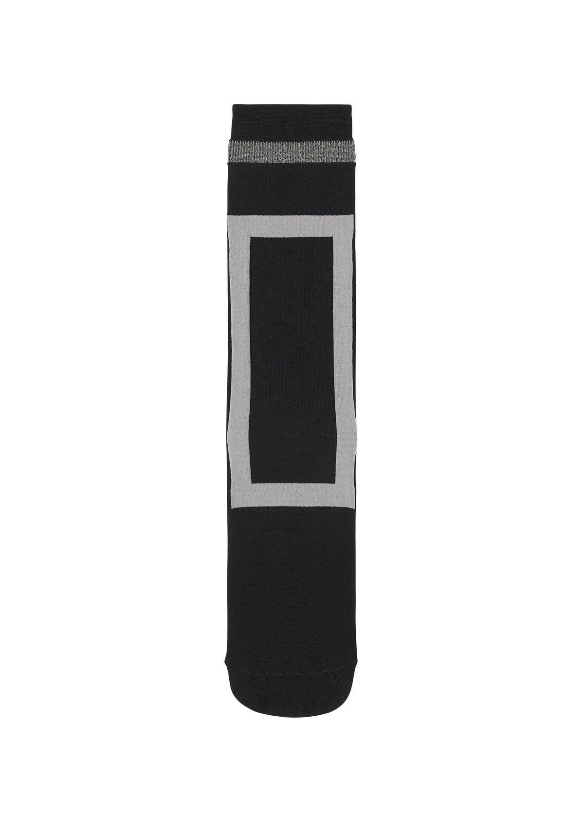 CARD SOCKS by me ISSEY MIYAKE: Black socks with a quadrilateral motif, wide light gray rectangular border on the front, and a gray stripe near the top cuff, shown on a white background. view 1 of 7