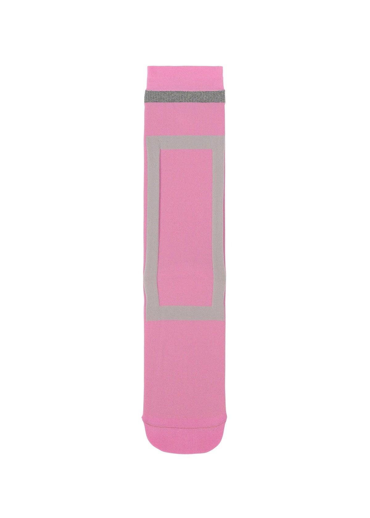 The CARD SOCKS by me ISSEY MIYAKE is a single pink sock with a gray quadrilateral motif on the front and a gray stripe near the top, shown against a white background. view 2 of 7
