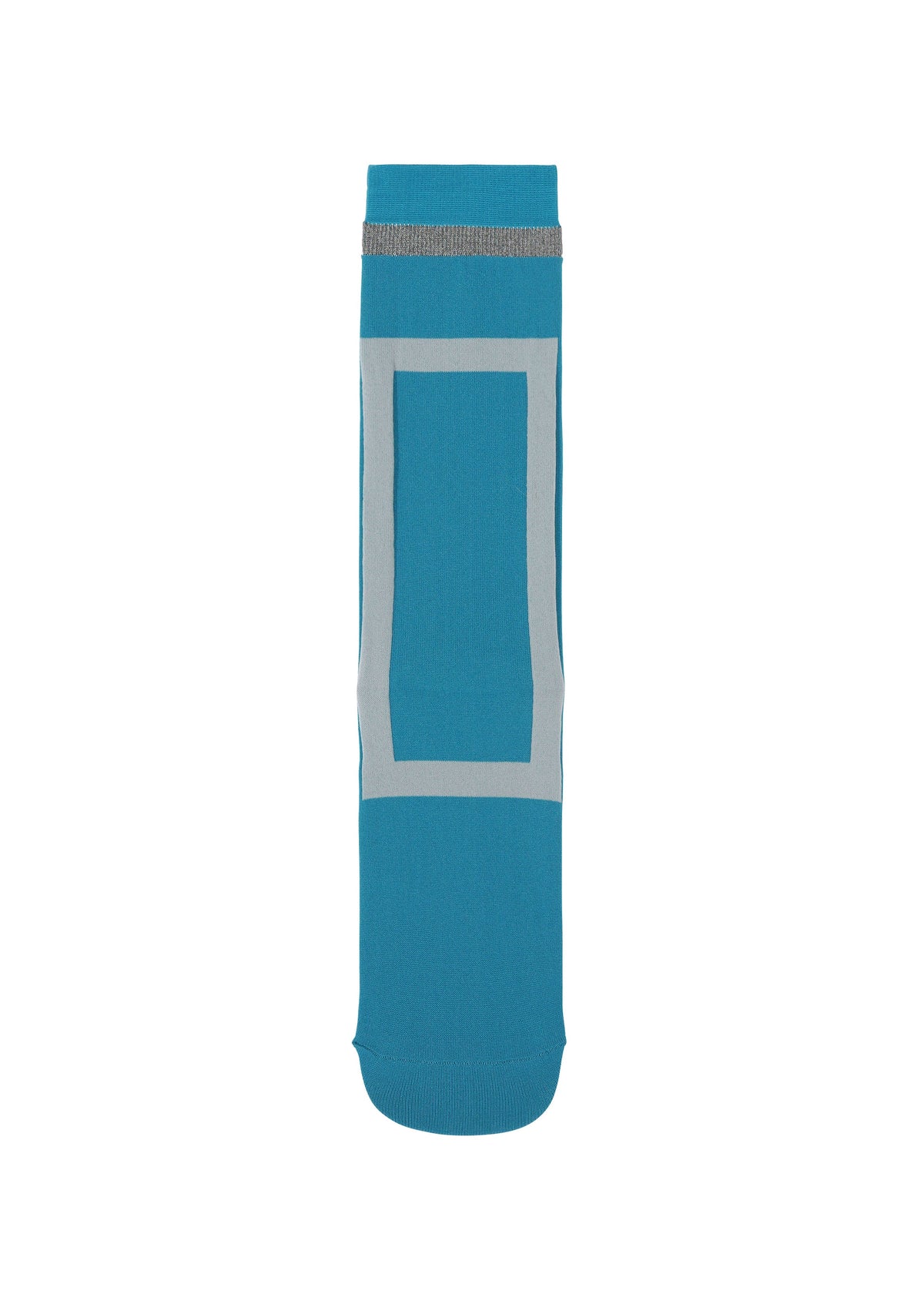 The CARD SOCKS by me ISSEY MIYAKE is a single blue sock with a quadrilateral motif, a rectangular gray border on the front, and a gray band near the top, shown on a white background. view 3 of 7