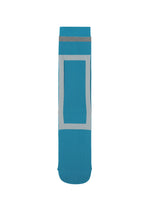 The CARD SOCKS by me ISSEY MIYAKE is a single blue sock with a quadrilateral motif, a rectangular gray border on the front, and a gray band near the top, shown on a white background. - TURQUOISE-HUED （no.77）