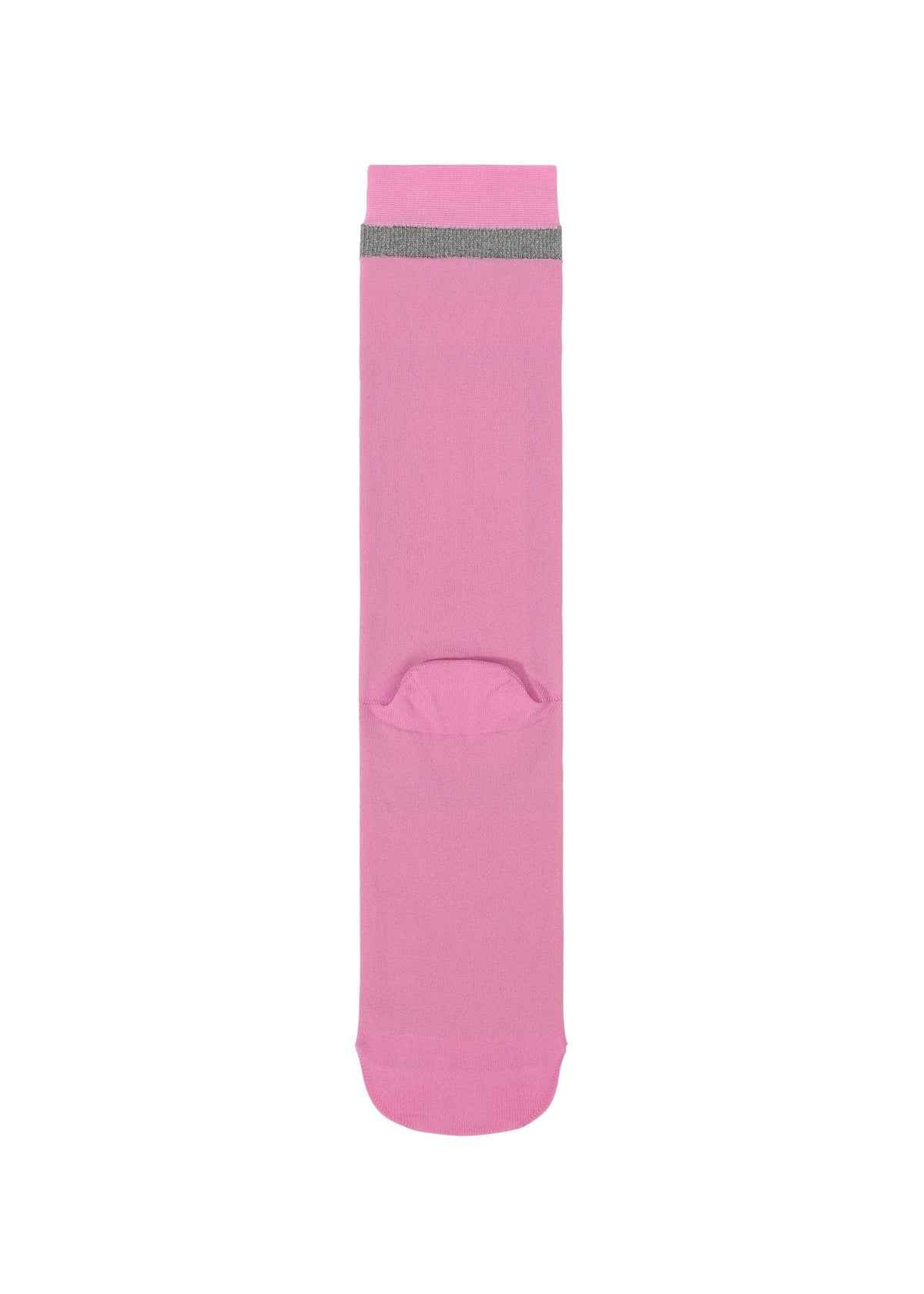 A single CARD SOCK by me ISSEY MIYAKE, pink with a small gray band near the top and a quadrilateral motif, is laid flat on a white background. view 4 of 7