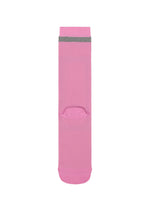 A single CARD SOCK by me ISSEY MIYAKE, pink with a small gray band near the top and a quadrilateral motif, is laid flat on a white background.
