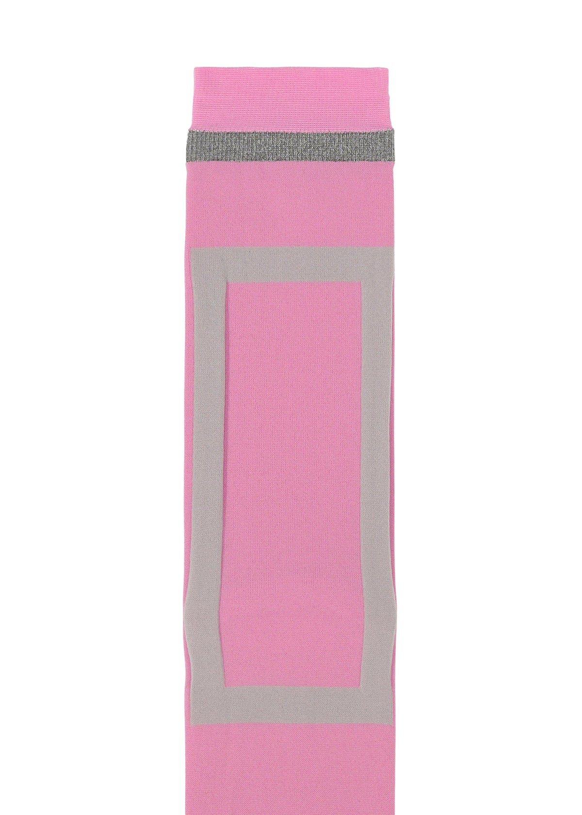 The CARD SOCKS by me ISSEY MIYAKE are pink with a wide light gray quadrilateral motif border and a gray band near the top cuff, shown against a white background. view 5 of 7