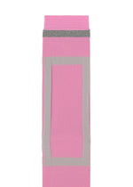 The CARD SOCKS by me ISSEY MIYAKE are pink with a wide light gray quadrilateral motif border and a gray band near the top cuff, shown against a white background.