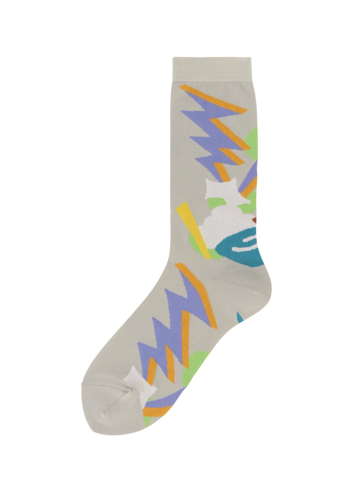 The SURPRISE BOX SOCKS by me ISSEY MIYAKE is a single light gray novelty sock with an abstract jagged pattern in purple, orange, green, yellow, and teal—an eye-catching design for lovers of unique patterned socks. view 1 of 5