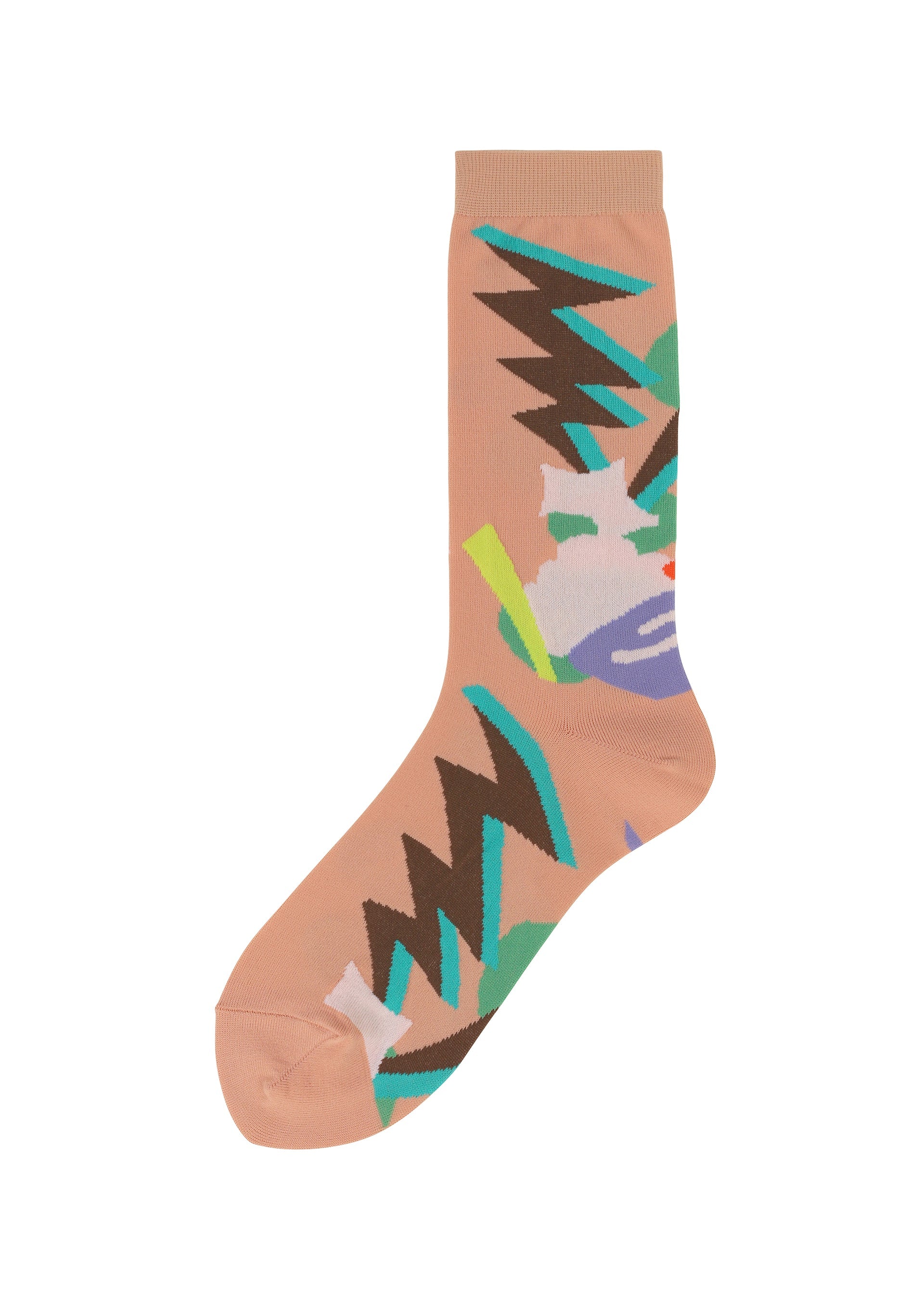 Zoomed view The SURPRISE BOX SOCKS by me ISSEY MIYAKE is a single peach novelty sock with bold black, green, blue, white, and purple abstract patterns—creating a playful geometric look ideal for patterned sock fans. - PEACH-HUED （no.38）