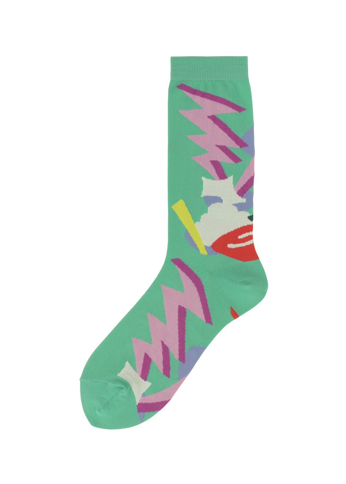 The SURPRISE BOX SOCKS by me ISSEY MIYAKE are bold green novelty socks featuring abstract zigzag patterns in pink, purple, yellow, white, and red—ideal for fans of colorful, unique geometric designs. view 3 of 5