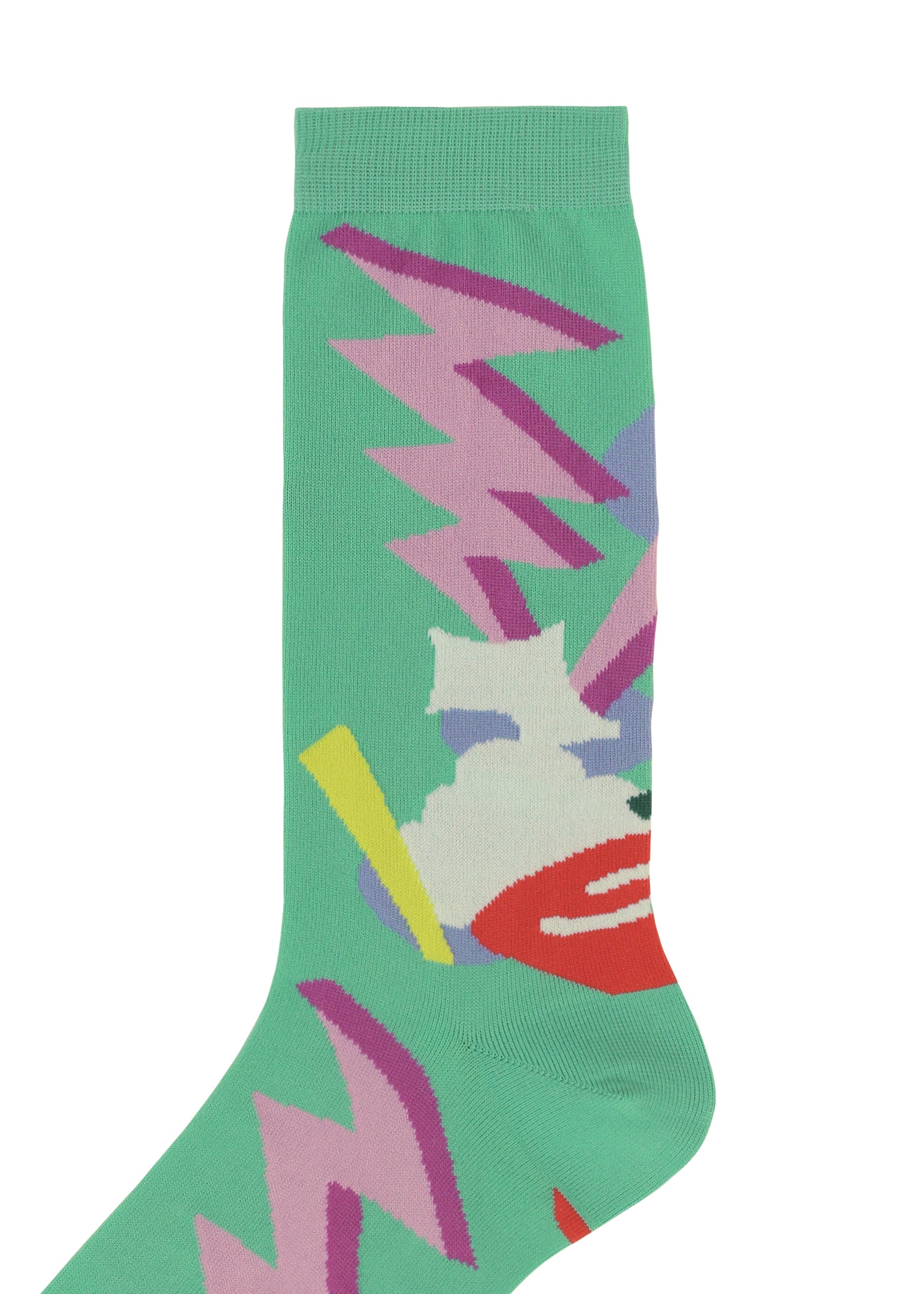 Zoomed view The SURPRISE BOX SOCKS by me ISSEY MIYAKE feature a green base with colorful abstract patterns—jagged purple and pink zigzags, red and yellow shapes, plus white and gray overlays—perfect for fans of unique novelty socks.