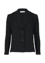 The CAULIFLOWER JACKET by me ISSEY MIYAKE is a black textured women's blazer featuring a notched lapel collar, long sleeves, two front buttons, and a slightly fitted silhouette for a sleek, modern look. - BLACK （no.15）