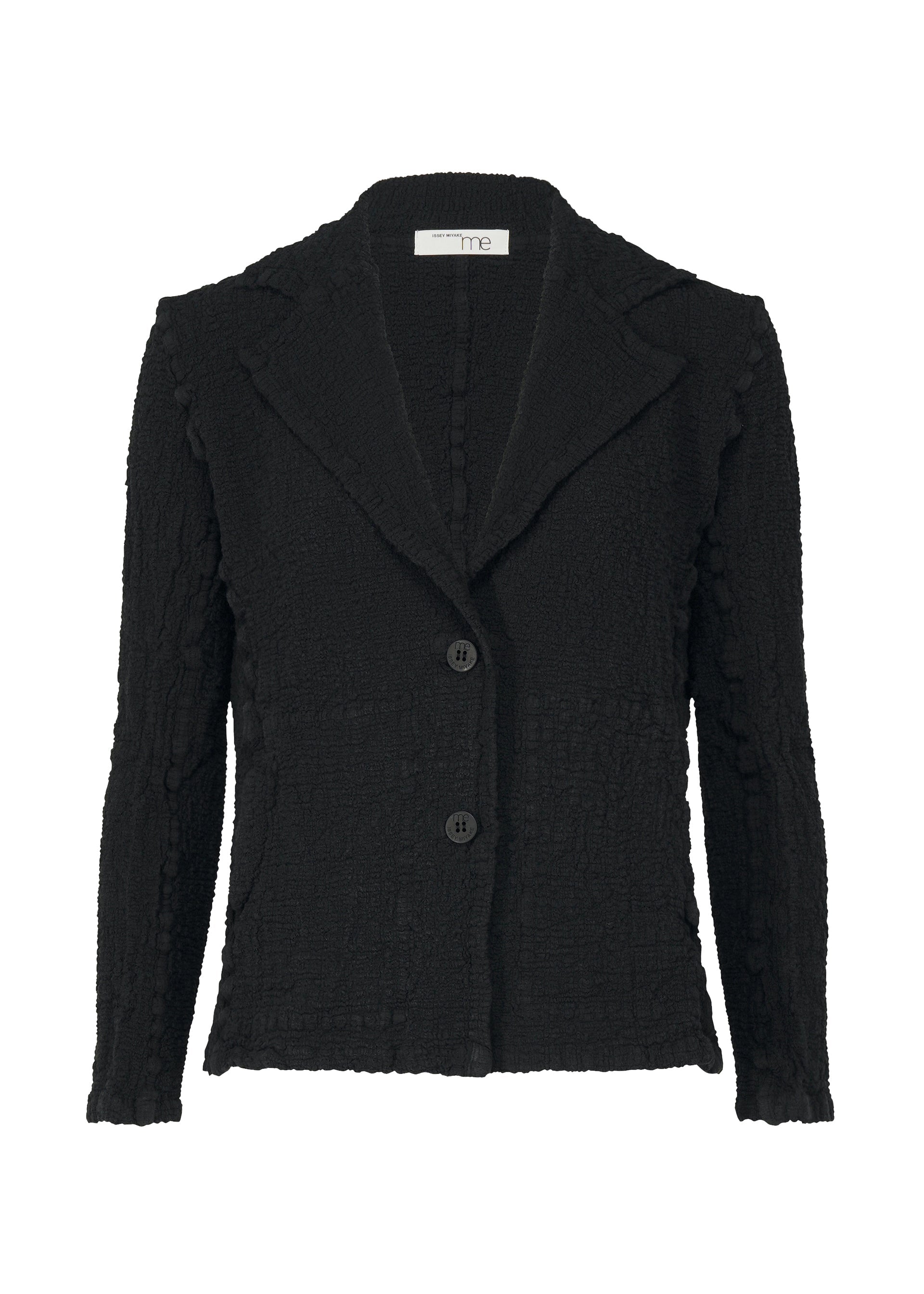 Zoomed view The CAULIFLOWER JACKET by me ISSEY MIYAKE is a black textured women's blazer featuring a notched lapel collar, long sleeves, two front buttons, and a slightly fitted silhouette for a sleek, modern look. - BLACK （no.15）