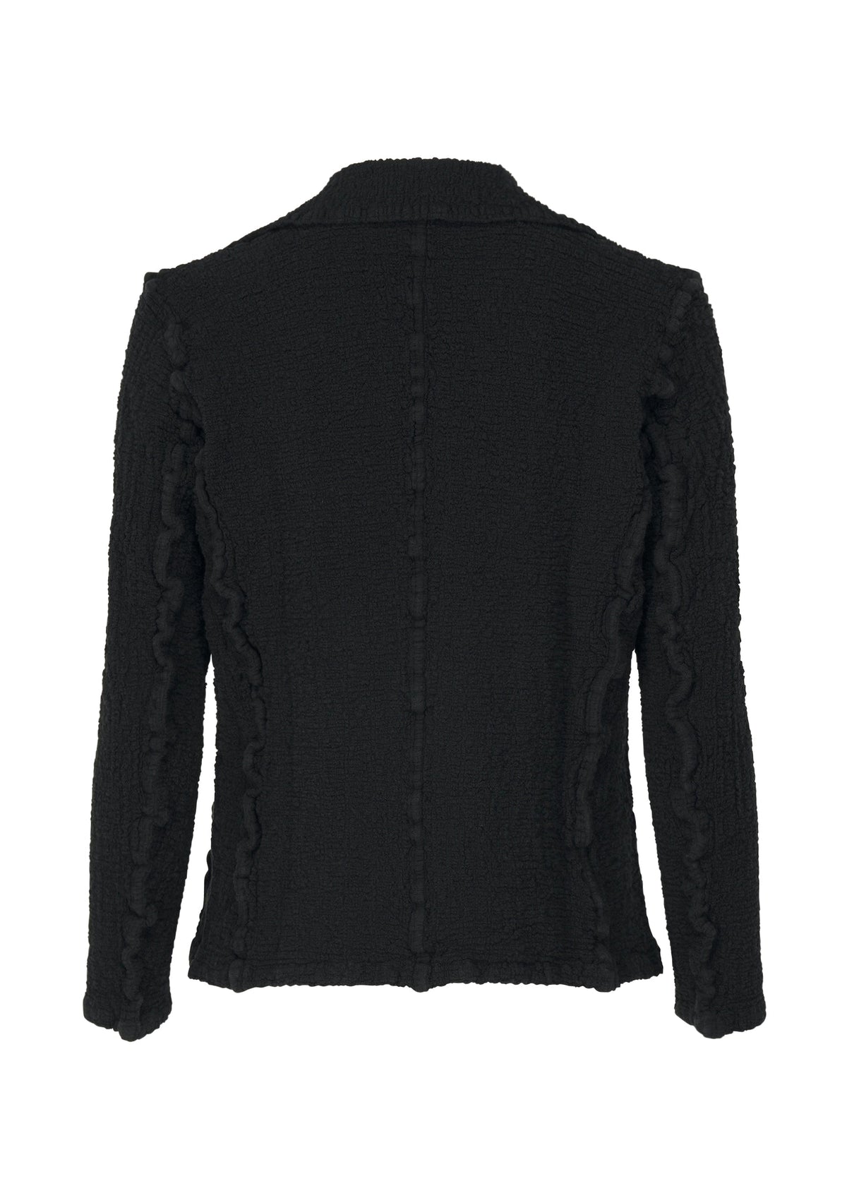 The CAULIFLOWER JACKET by me ISSEY MIYAKE is shown from the back in black textured fabric, featuring visible seam details and a slightly tailored long-sleeve fit for a modern look. view 3 of 6