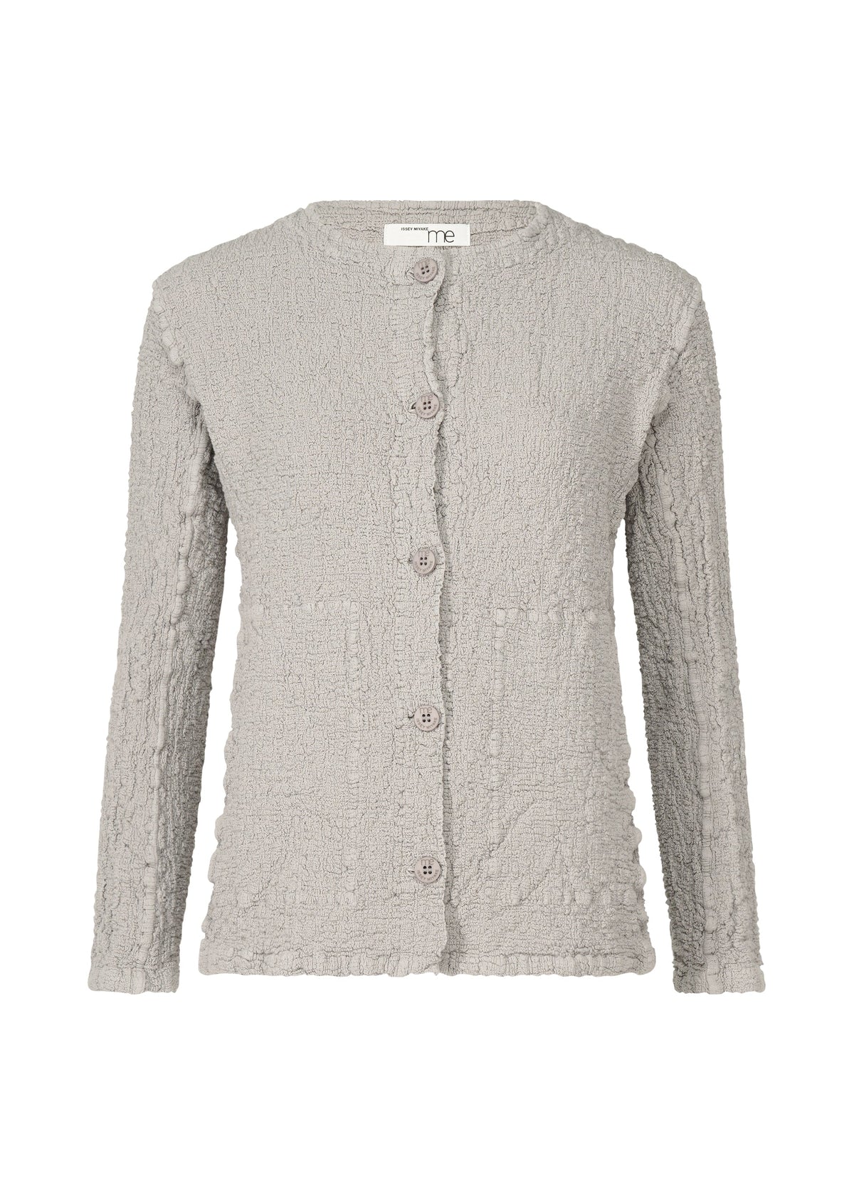 The CAULIFLOWER COLOR by me ISSEY MIYAKE is a light grey, textured, long-sleeve stretchy jacket with a round neckline and five front buttons, shown on a white background. view 1 of 8