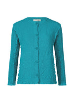 The CAULIFLOWER COLOR jacket by me ISSEY MIYAKE is a teal, textured cotton piece with long sleeves, a round neckline, front buttons, and two front pockets, shown on a white background. - TURQUOISE （no.73）