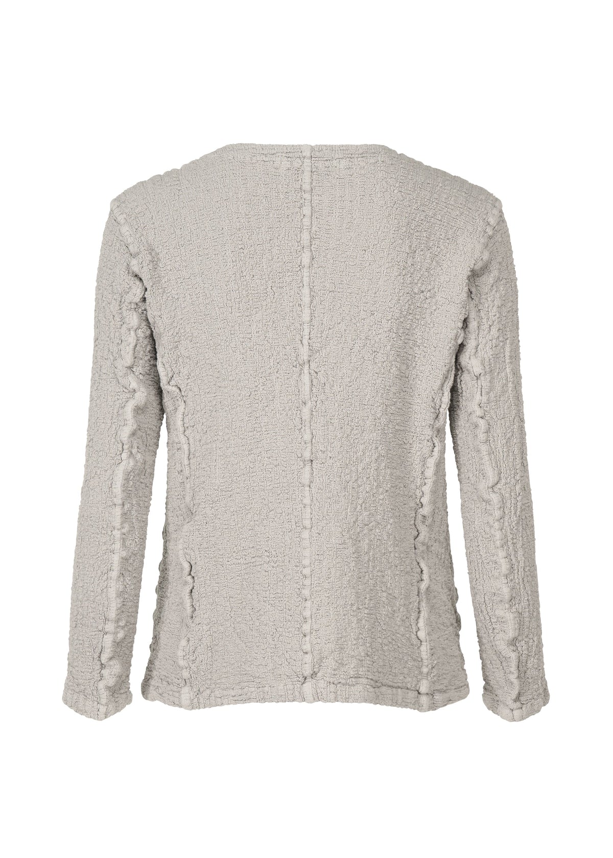 The CAULIFLOWER COLOR jacket by me ISSEY MIYAKE is shown from the back in light gray, featuring vertical seams, a collarless design, a soft, slightly loose fit, and crafted from stretchy cotton fabric. view 4 of 8