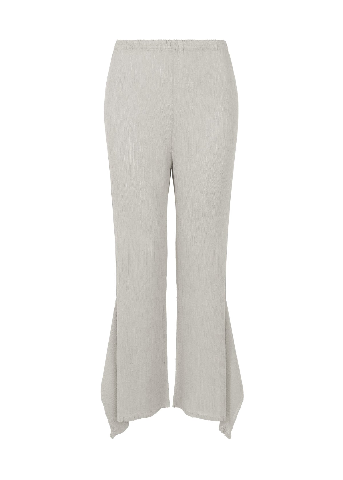 The FLAT SEE-THROUGH CREPE pants by me ISSEY MIYAKE are light gray, high-waisted, made from textured product-dyed fabric with wide flared legs and asymmetrical hems, shown on a plain white background. view 1 of 8