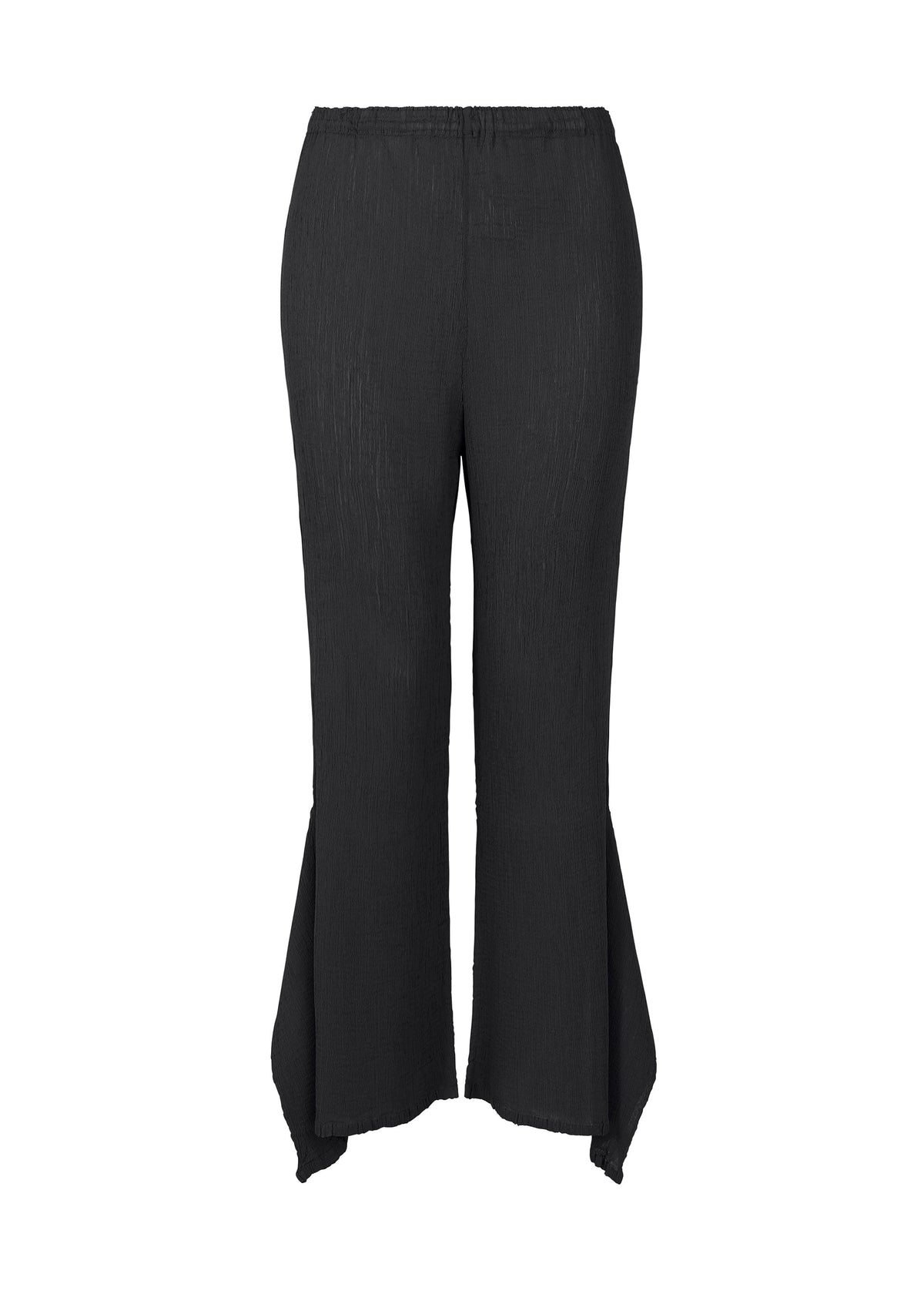 The FLAT SEE-THROUGH CREPE wide-leg pants by me ISSEY MIYAKE feature a flared hem and subtly textured, product-dyed fabric with high-twist thread, shown from the front against a white background. view 2 of 8