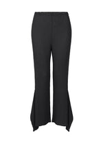 The FLAT SEE-THROUGH CREPE wide-leg pants by me ISSEY MIYAKE feature a flared hem and subtly textured, product-dyed fabric with high-twist thread, shown from the front against a white background. - BLACK （no.15）