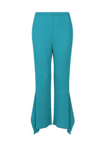 The FLAT SEE-THROUGH CREPE by me ISSEY MIYAKE are teal, high-waisted crepe pants with a straight fit, flared legs, and an asymmetrical hem. Lightweight, product-dyed fabric provides textured dimension and a see-through effect. - TURQUOISE （no.73）