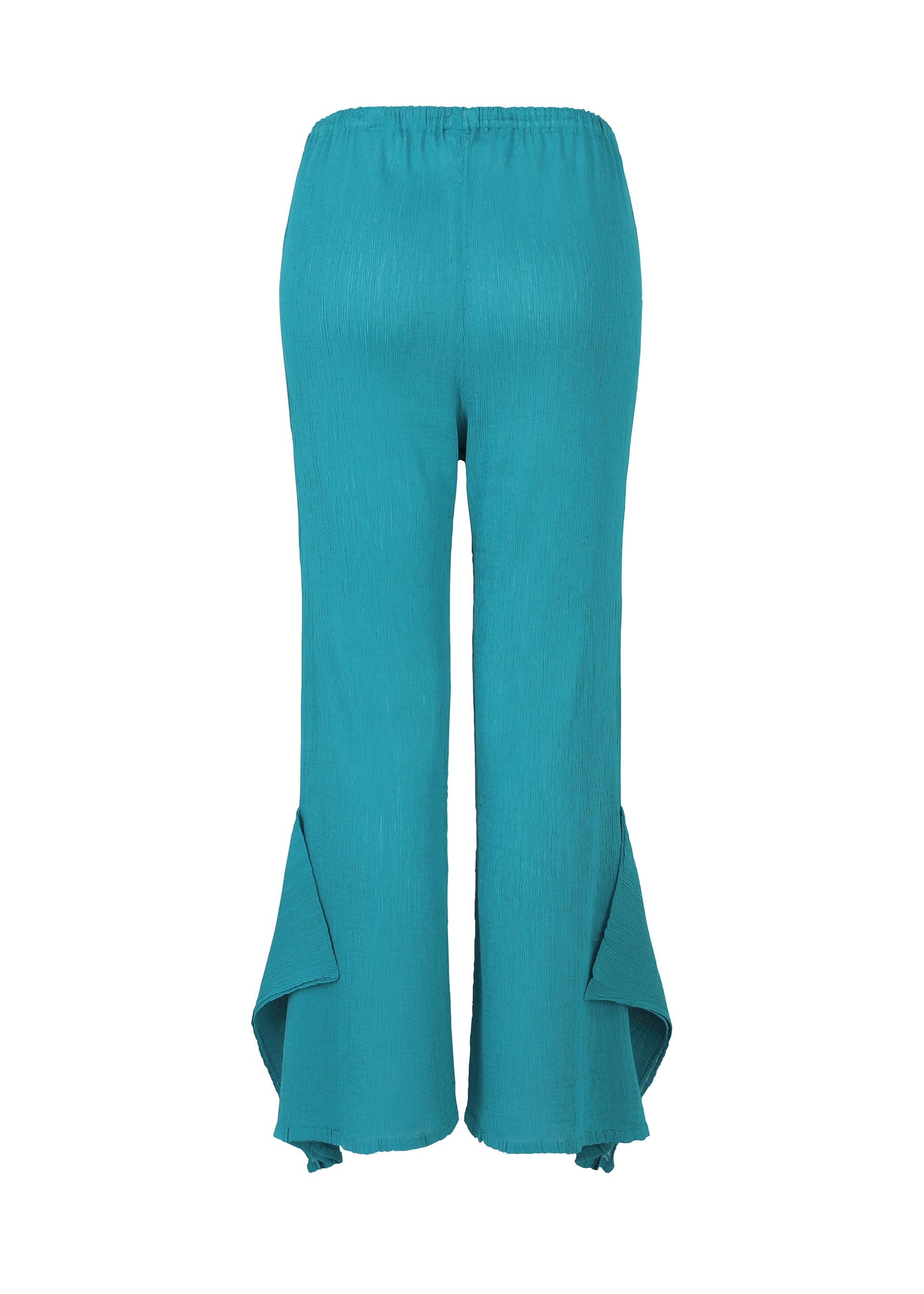 Zoomed view The FLAT SEE-THROUGH CREPE by me ISSEY MIYAKE features turquoise wide-leg pants in product-dyed fabric with an elastic waist and flared, asymmetrical ruffle hems, shown against a white background.